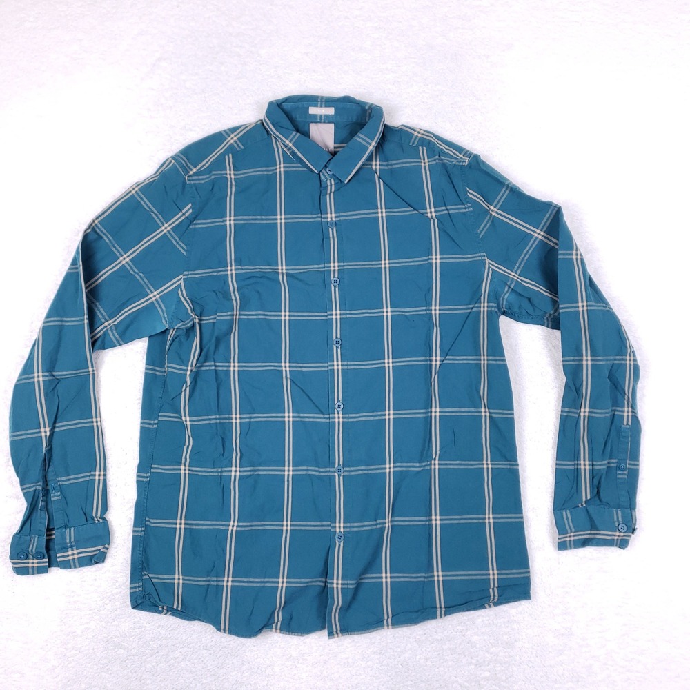 A Frame Shirt Mens‎ L Slim Teal Plaid Long Sleeve Windowpane Cotton Coastal